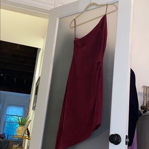 Wine colored thin strap one shoulder midi dress